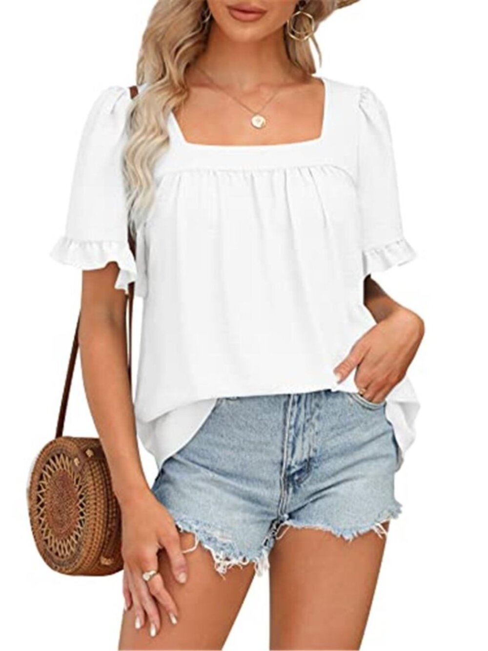Womens Square Neck Blouse Ruffle Bell Sleeve Peplum Babydoll Summer Top Loose